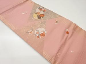 引箔菱に丸文・花々・蝶模様織出し名古屋帯